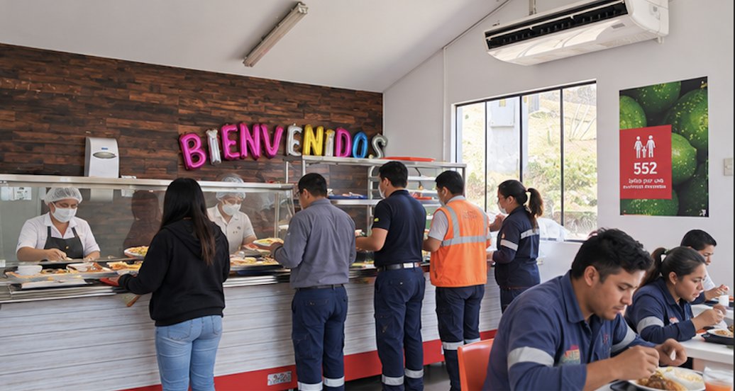 Colaboradores recibiendo sus alimentos en una línea de servicio interior