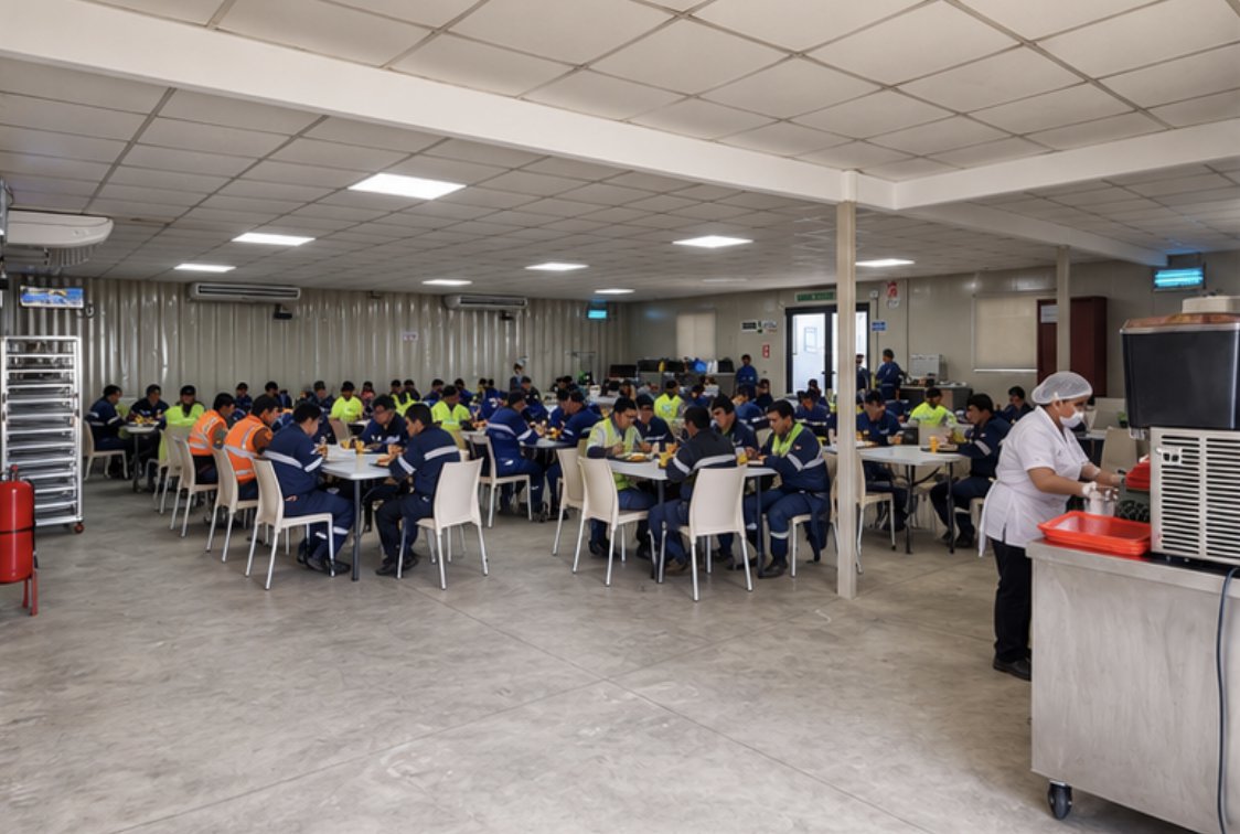 Vista amplia de un comedor con colaboradores almorzando y personal de servicio