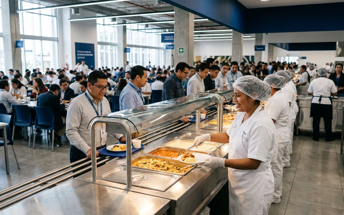 Personal de RAF Barcenes sirviendo alimentos a colaboradores en comedor industrial
